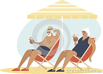 Old senior couple enjoying a coconut cocktailÂ on the beach underÂ parasol together. Carefree retirement, travel, tropical Vector Illustration